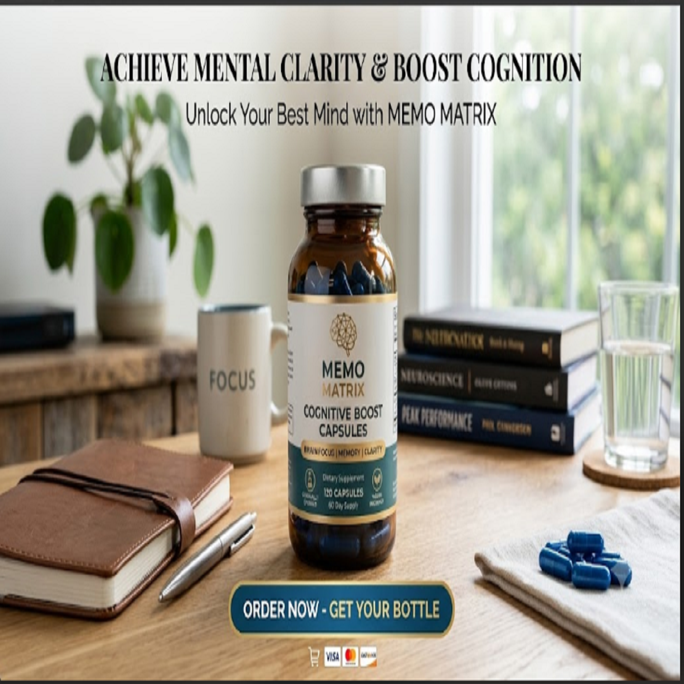 Memo Matrix Cognitive Boost Capsules bottle on a study desk
