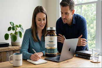 Two professionals working at a desk beside Memo Matrix Cognitive Boost Capsules